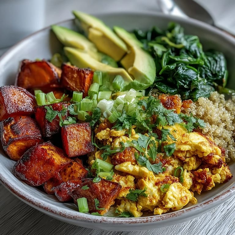Colorful avocado slices and fresh green onions garnish a nourishing Tofu Scramble Vegan Breakfast Bowl ready to serve.