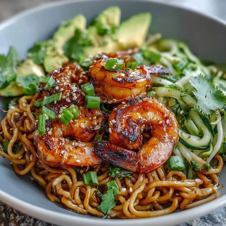 A close-up of Grilled Shrimp Asian Noodle Bowl shows creamy avocado and peanuts on noodles.