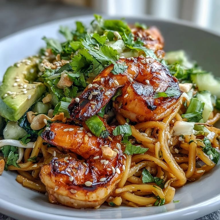 Ready to serve Grilled Shrimp Asian Noodle Bowl garnished with cilantro and lime wedges.