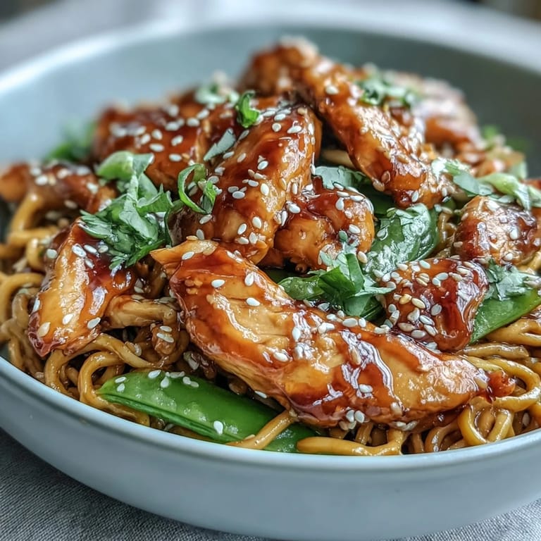 A close-up of a vibrant Sesame Chicken Noodle Bowl garnished with sesame seeds, cilantro, and lime wedges.