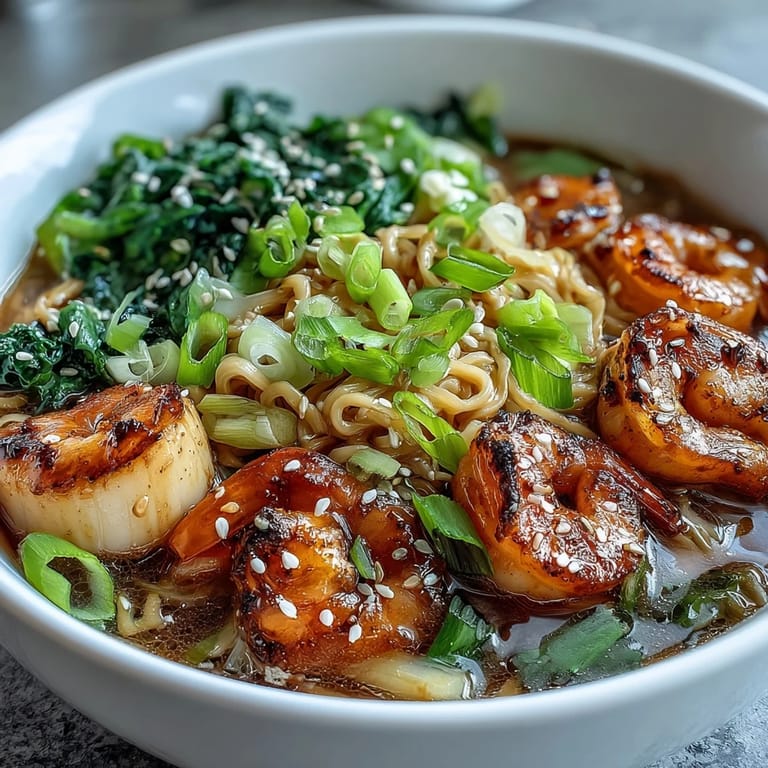 Steaming Asian Noodle Bowl with Shrimp and Scallops, garnished with cilantro, sesame seeds, and spring onions.