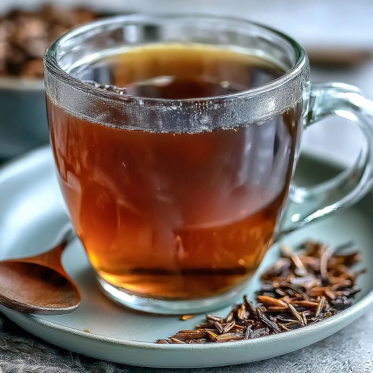 Close-up of a Hojicha Americano, with loose roasted tea leaves resting beside the aromatic, steaming cup.
