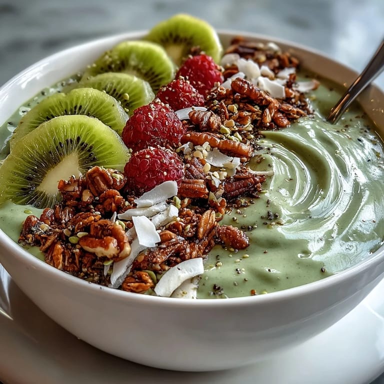 Earthy roasted green tea flavor shines in this chilled hojicha smoothie bowl, served with fresh fruit