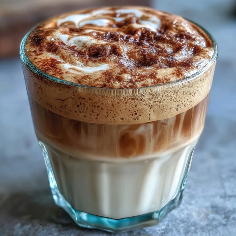 Rich Hojicha Flat White topped with velvety microfoam beside loose roasted tea leaves.