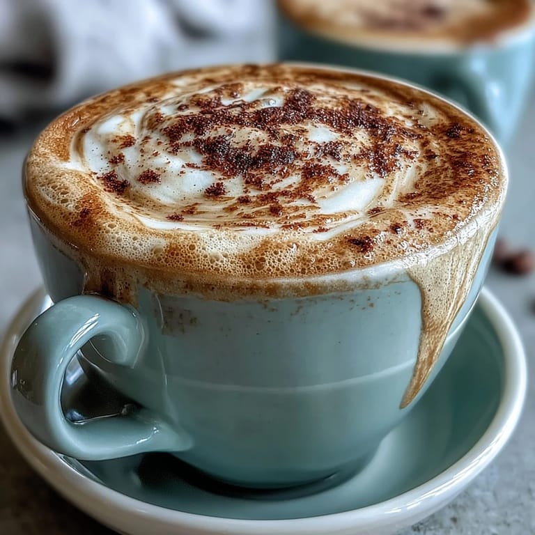 Pouring microfoamed milk into a warm cup of nutty Hojicha Flat White.