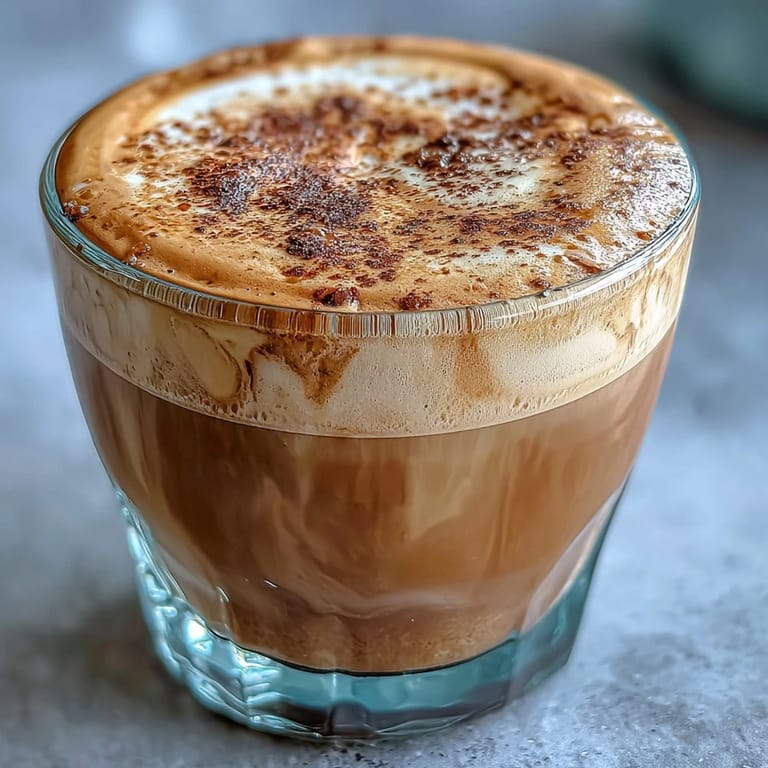 A close-up of Hojicha Cortado in a glass mug, highlighting the velvety foam layer and rich, reddish-brown color against a cozy wooden backdrop.