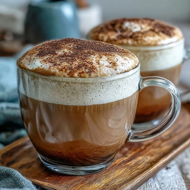 A barista pours steamed milk into a cup of dark Hojicha Cappuccino, creating impressive latte art.