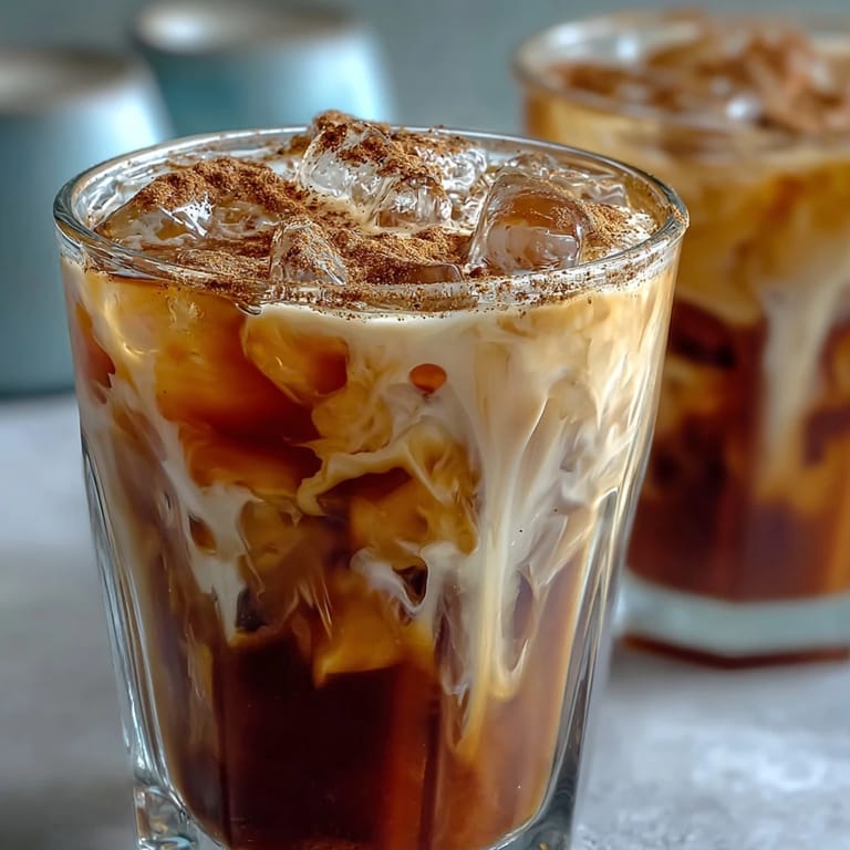 Cold Iced Hojicha with Cinnamon with a spoon, ready to drink, served alongside a buttery shortbread cookie for dipping.