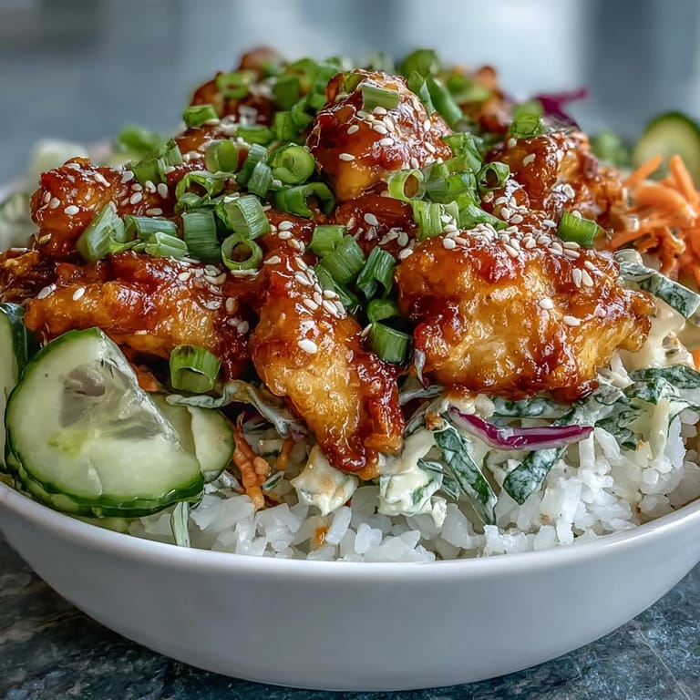 A deconstructed close-up showcases saucy chicken, crisp veggies, and sesame seeds over rice in a homemade Bang Bang Chicken Bowl.