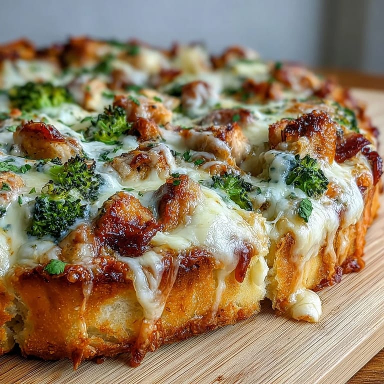 Slices of Garlic Parmesan Chicken & Broccoli Pizza served on a rustic wooden board.