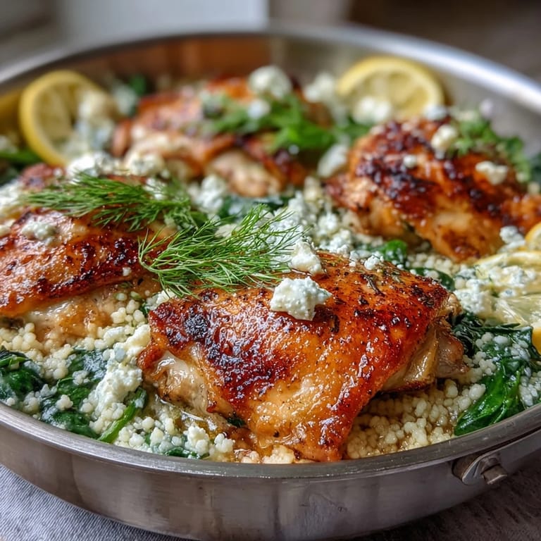 Bubbling Creamy Greek Chicken & Pearl Couscous Bake with lemon wedges and fresh dill garnish on a rustic table.