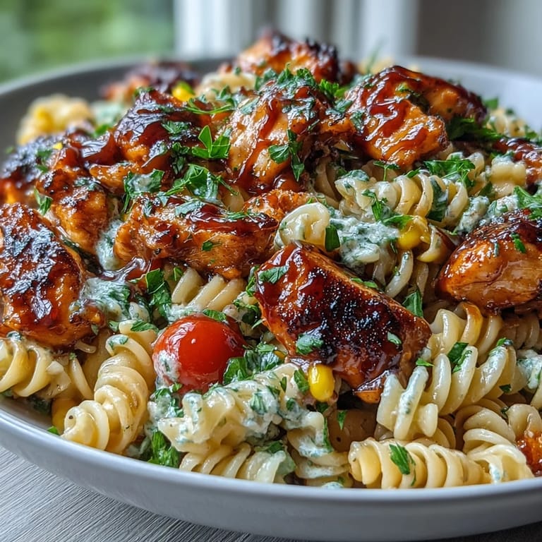Chilled bowl of Honey BBQ Chicken Pasta Salad with rotini, diced celery, and smoky dressing ready for a potluck.