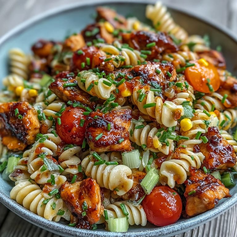 This large-bowl Honey BBQ Chicken Pasta Salad mixes corn, tomatoes, and crunchy red onion, ideal for potlucks.