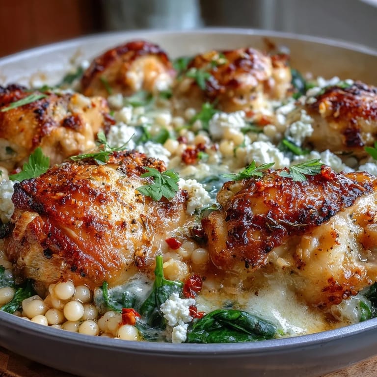 Freshly baked Creamy Greek Chicken & Pearl Couscous Bake featuring tender chicken thighs nestled in lemony couscous and wilted spinach.