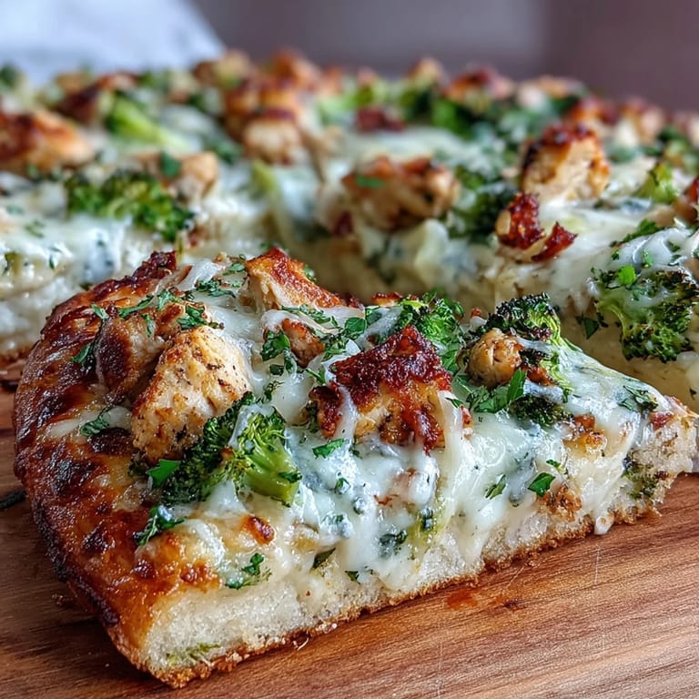 Slice of Garlic Parmesan Chicken & broccoli pizza on a wooden board, garnished with fresh parsley and red pepper flakes, perfect for a weeknight meal.