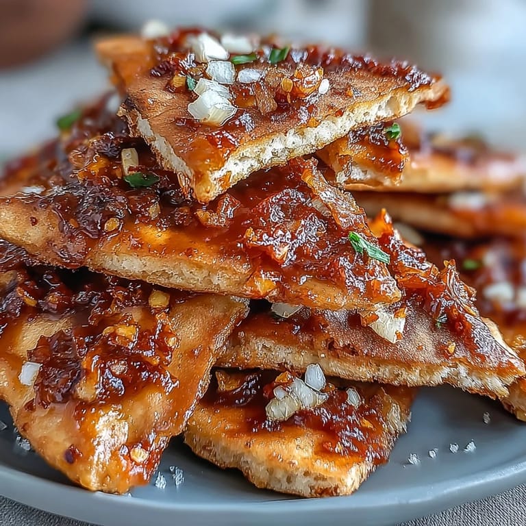 Freshly baked garlic naan chips coated in chili crisp oil, garnished with minced garlic and cilantro, are served with a cool, creamy cucumber dip topped with chives. This fusion snack brings together crunchy heat and tangy yogurt flavors for an irresistible bite.