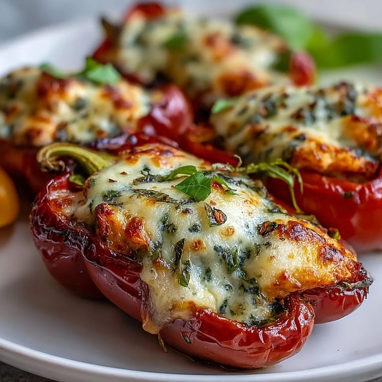 A close-up of four bubbly, cheese-topped mini sweet peppers filled with savory pesto chicken, served warm as an easy appetizer.