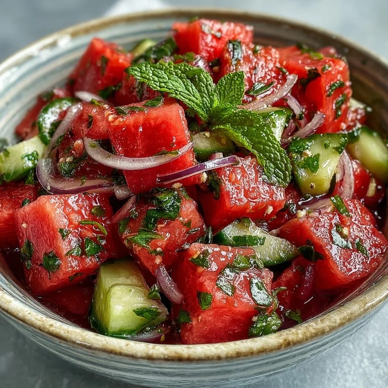 Colorful Summer Watermelon Cucumber Mint Salad served chilled on a wooden table, garnished with fresh mint leaves and a sprinkle of diced red onion for extra crunch.