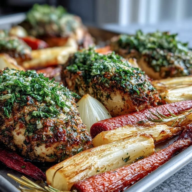 Juicy chicken breasts with a fragrant herb crust, paired with caramelized carrots, parsnips, and sweet potatoes on a convenient sheet pan.