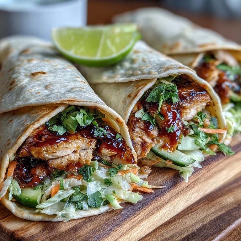 Freshly assembled Sweet Chili Chicken Wraps cut on a diagonal, revealing colorful veggies and juicy chicken inside warm tortillas.