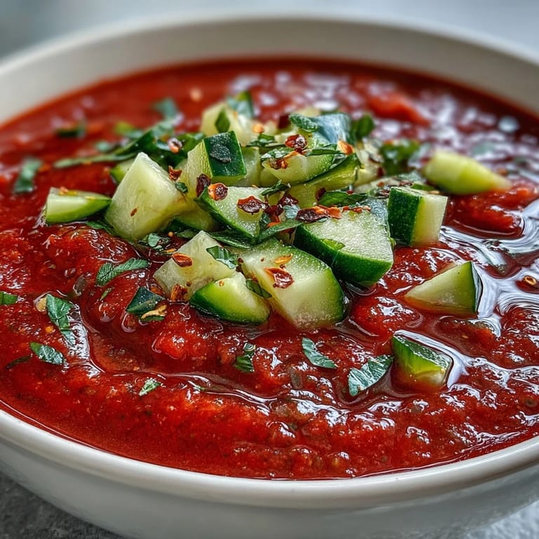 Refreshing cold gazpacho soup featuring ripe tomatoes, crisp cucumber, and sweet bell pepper in a smooth blend.