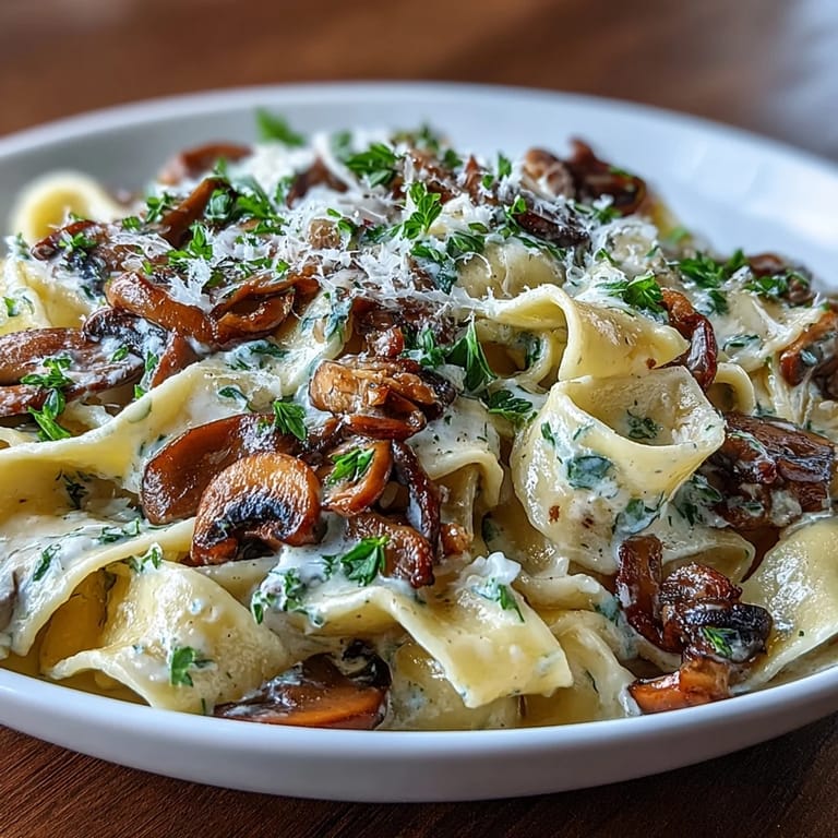 Velvety one-pot pasta with sautéed mushrooms, garlic, and fresh thyme, simmered in a luxurious cream sauce and finished with grated Parmesan.