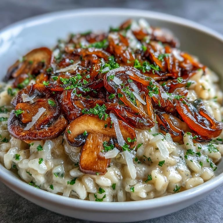 Velvety risotto featuring tender Arborio rice, caramelized onions, and sautéed mushrooms, garnished with fresh parsley and Parmesan.