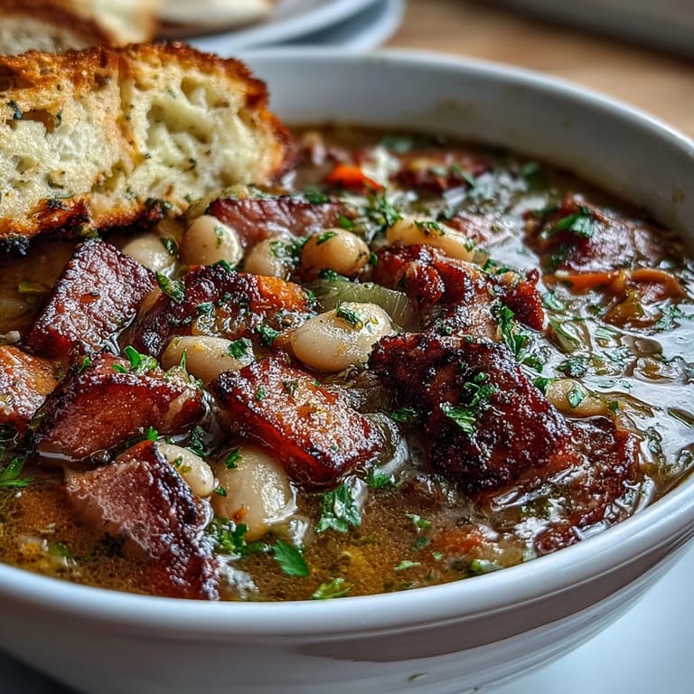 This comforting ham and cannellini bean stew features diced vegetables, aromatic herbs, and hearty beans simmered to perfection for a warming winter meal.
