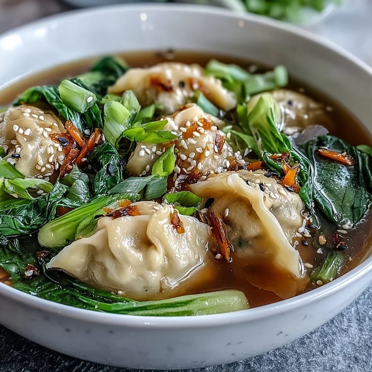 Comforting Asian dumpling soup featuring plump dumplings, vibrant bok choy, and aromatic ginger in a light, flavorful broth.