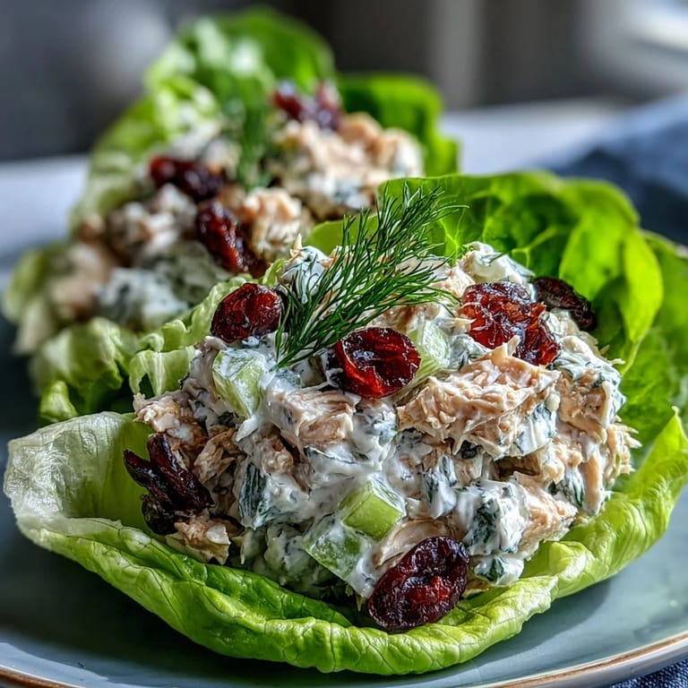 Crunchy lettuce wraps filled with Greek yogurt chicken salad, featuring tender chicken, fresh herbs, and crisp vegetables for a satisfying dish.