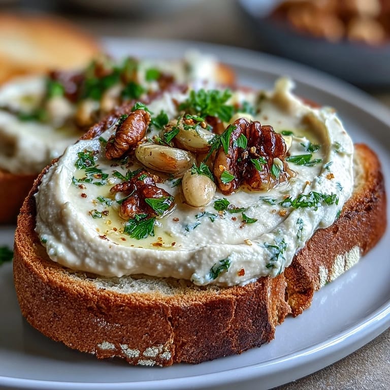 Silky white bean spread with sweet roasted garlic cloves, served on crisp sourdough toast and drizzled with olive oil. A flavorful vegetarian appetizer or light meal.