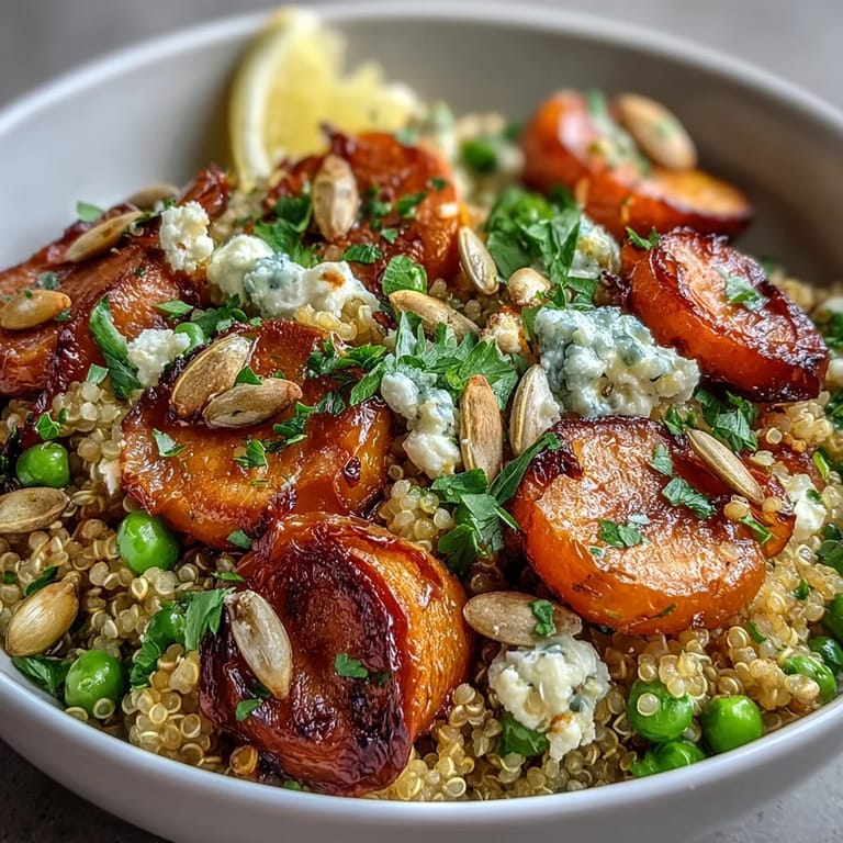 Nutty quinoa topped with sweet roasted carrots, green peas, and a zesty lemon dressing, garnished with parsley and toasted pumpkin seeds.