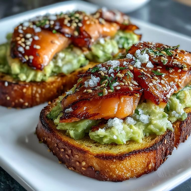 Avocado mashed with lemon and pepper spread over toasted keto bread, finished with smoked salmon and everything seasoning for a flavorful breakfast.