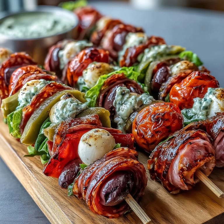 Colorful Italian sub skewers loaded with salami, ham, mozzarella, and olives, paired with rich homemade garlic aioli for a perfect picnic appetizer.