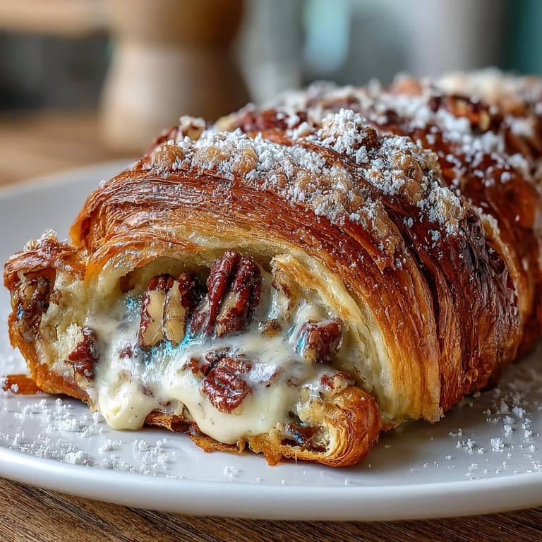 Warm, buttery King Cake stuffed croissants with rich pecan filling, perfect for festive brunch gatherings.  