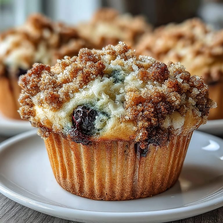 A tray of moist lemon blueberry sourdough muffins with a crunchy crumb topping, served warm with a hint of citrus aroma.