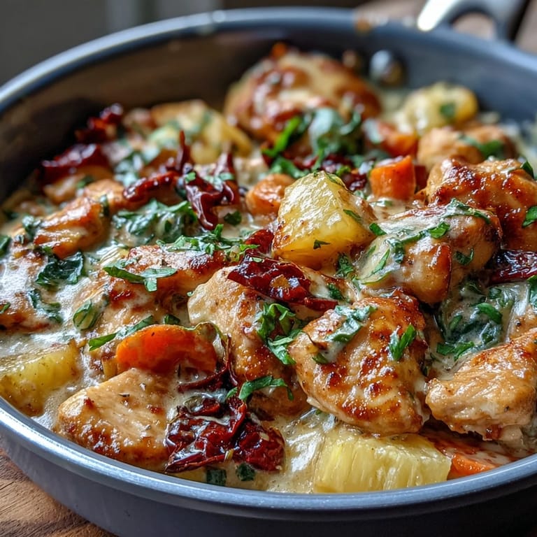 Rich and aromatic chicken pineapple coconut curry simmered to perfection in a single pot, featuring colorful vegetables and a fragrant Thai red curry base.