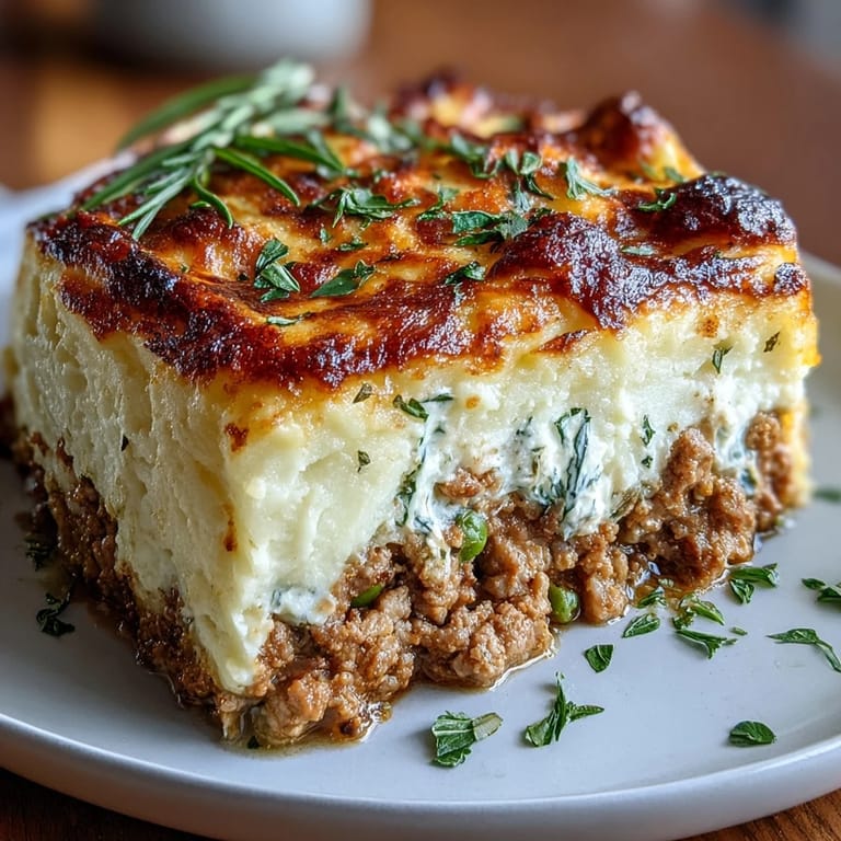 Golden-brown Turkey Shepherds Pie with tender turkey, vegetables, and light cauliflower mash topping for a wholesome dinner.
