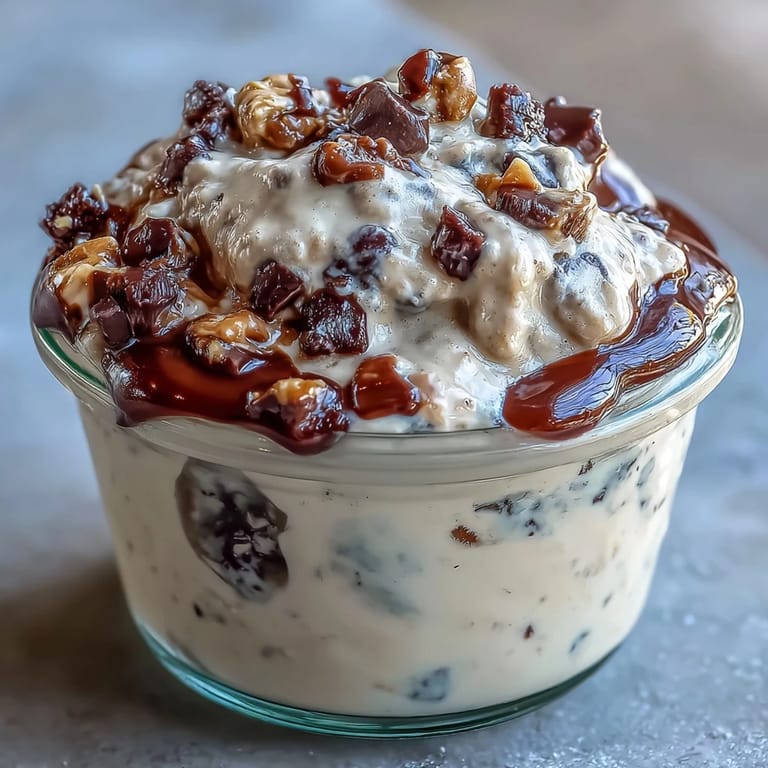 High-protein overnight oats blended with vanilla, chia seeds, and chocolate chips for a cookie dough-inspired breakfast treat.