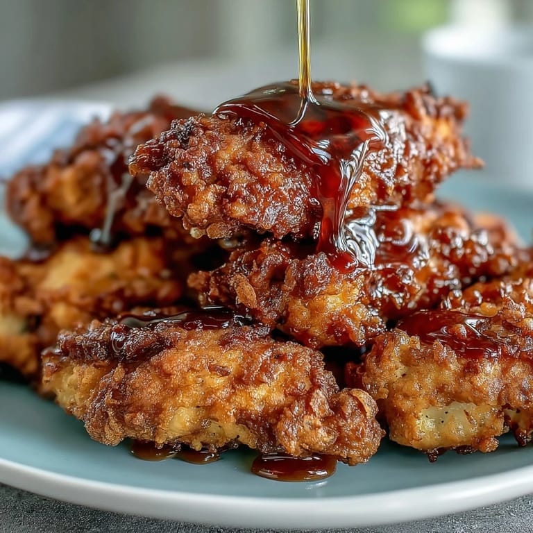 Crispy baked chicken pieces coated in seasoned flour, paired with a ramekin of warm hot honey for drizzling.