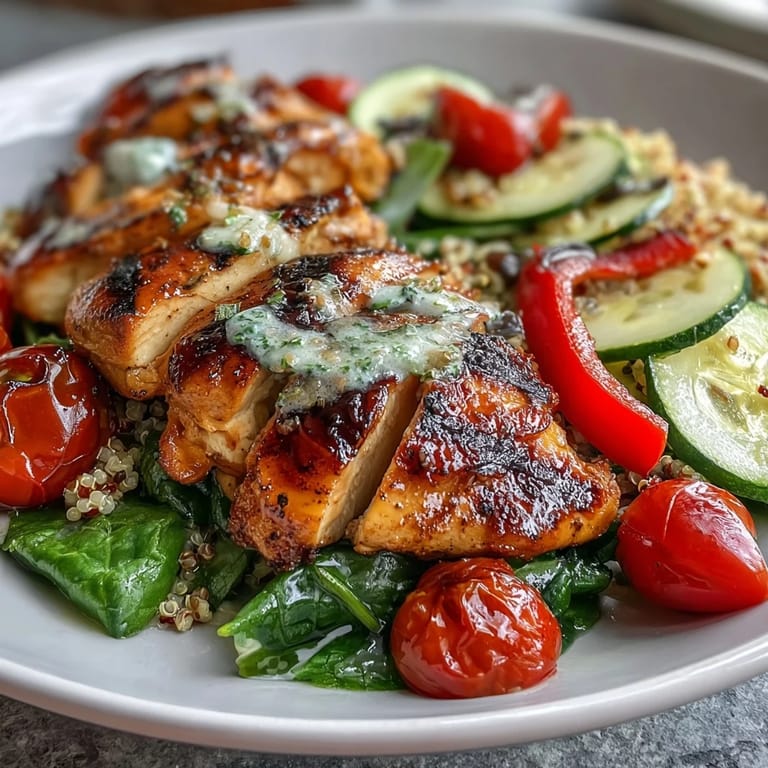 Lemon vinaigrette grilled chicken and veggie bowl featuring quinoa, feta, and fresh herbs for a light, nutritious lunch.  