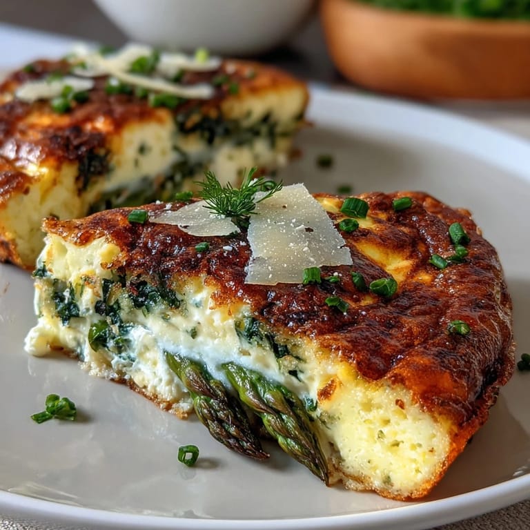 Spring Brunch Frittata with Asparagus and Goat Cheese: savory egg dish baked until golden, featuring fresh asparagus spears, tangy goat cheese, and aromatic herbs for a vibrant spring meal.
