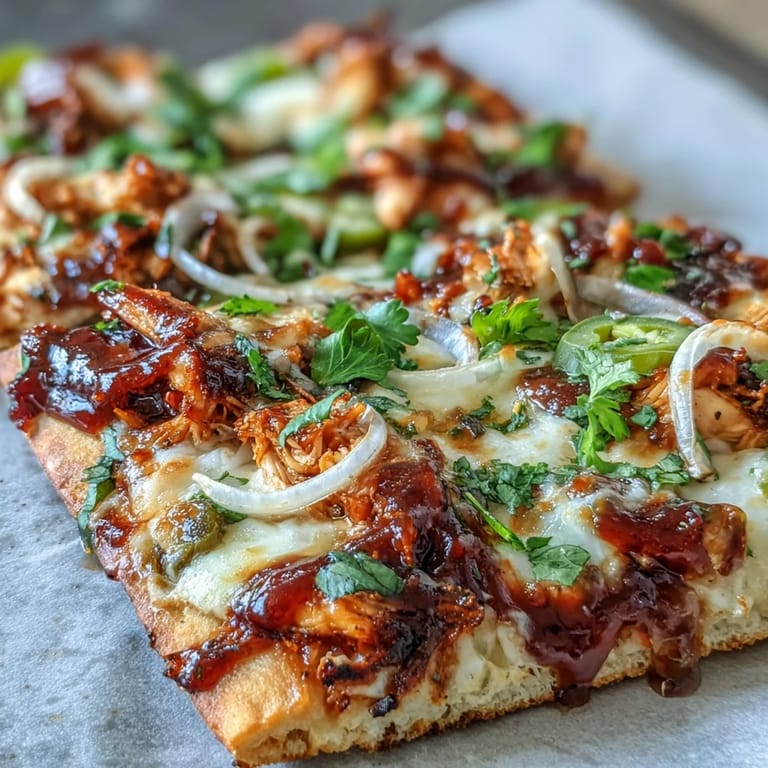 Golden BBQ chicken flatbread pizza topped with melty mozzarella, vibrant veggies, and a drizzle of tangy BBQ sauce.