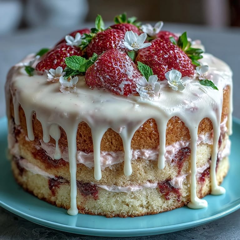 Floral Drip Cake with Strawberry Frosting - This elegant layer cake features moist vanilla sponge, fresh strawberry frosting, and a glossy white chocolate drip, decorated with vibrant edible blooms.