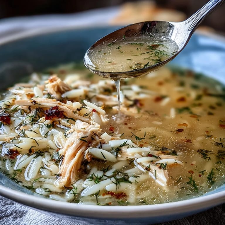 Classic Greek Lemon Chicken Soup featuring shredded chicken, orzo, and a rich, tangy egg-lemon broth with fresh herbs.