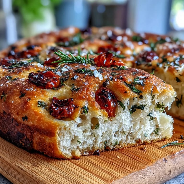 Italian focaccia bursting with juicy cherry tomatoes and fresh herbs, perfect for spring meals or gatherings.