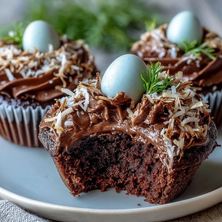 Adorable Easter Nest Cupcakes featuring moist chocolate cake, creamy chocolate frosting, and colorful candy egg decorations.