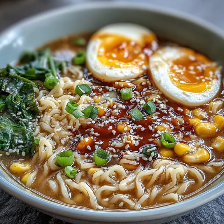 Steaming bowl of homemade miso ramen topped with fresh spinach, corn, green onions, and sesame seeds.  