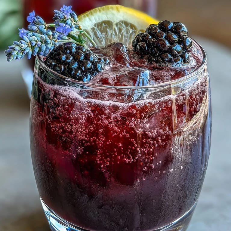 Refreshing Blackberry Lavender Lemonade Fizz, garnished with fresh fruit and herbs.