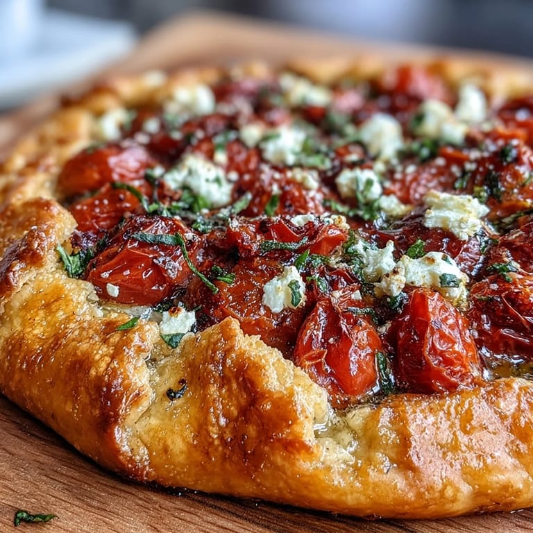 Savory, flaky roasted cherry tomato and feta galette, perfect for appetizer or lunch.